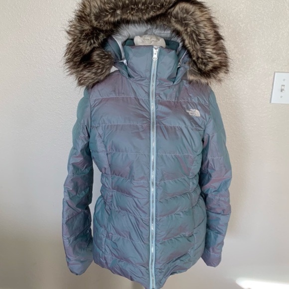The North Face Gotham Jacket with faux furTrim in Blue Frost Iridescent - Picture 1 of 15
